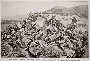 Met Generaal French: Nieuw-Zeelanders redden een wachtpost van het Yorkshire Regiment nabij Slingersfontein op 15 januari, naar een schets van G.D. Giles (fl.1890) door William Small